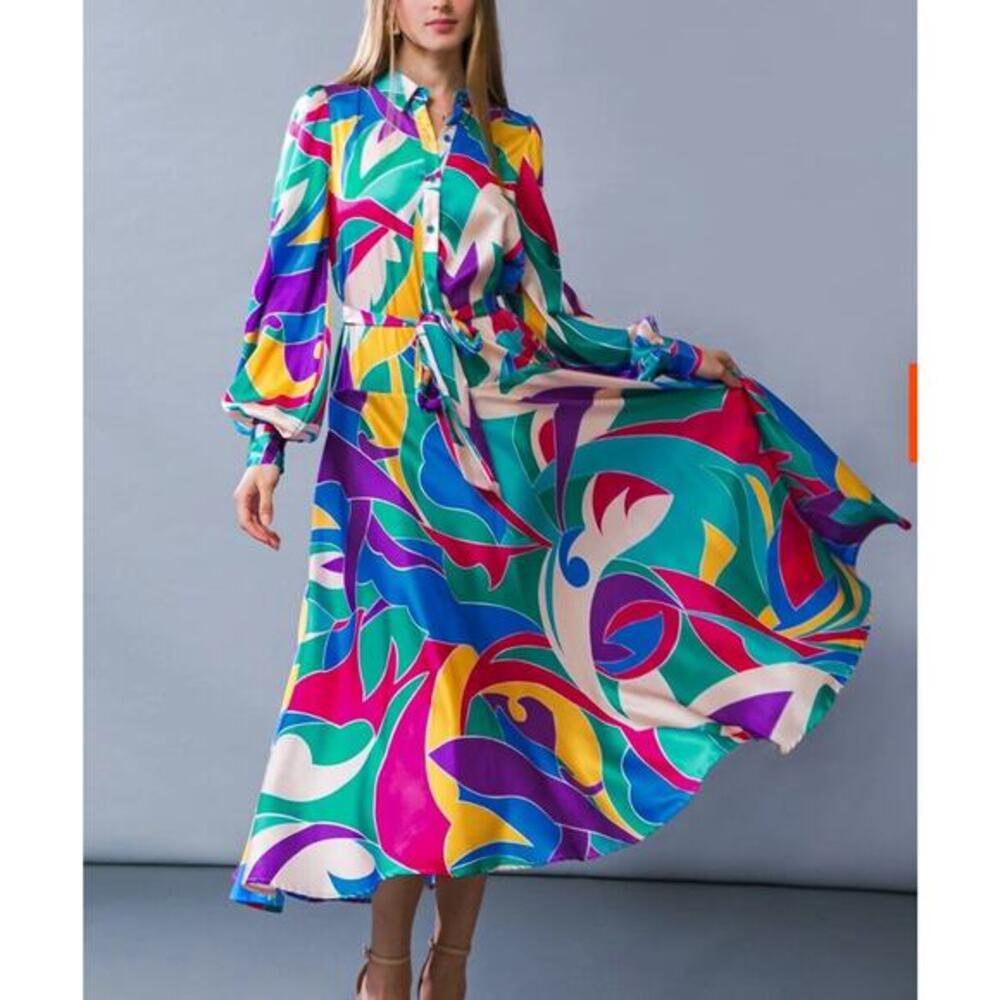 Flying Tomato Focused On Priorities Bright Multicolor Woven Midi Dress Sz Small
